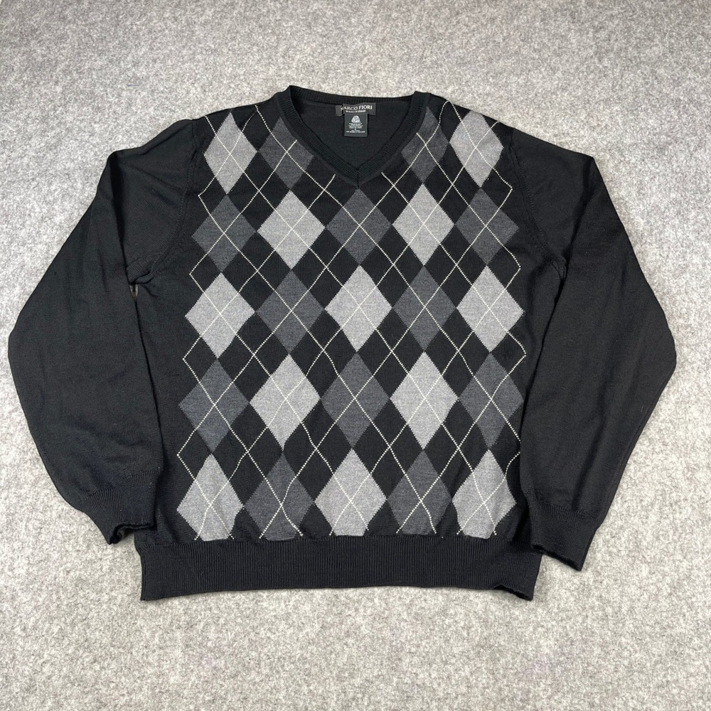 Marco Fiori Mens Argyle V-Neck Sweater Black Grey 100% Extrafine Merino Wool L